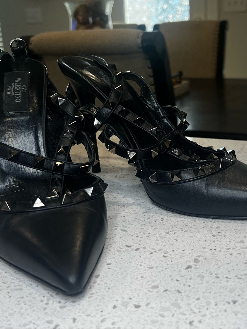Valentino Black Studded Strappy Pointed-Toe Heels